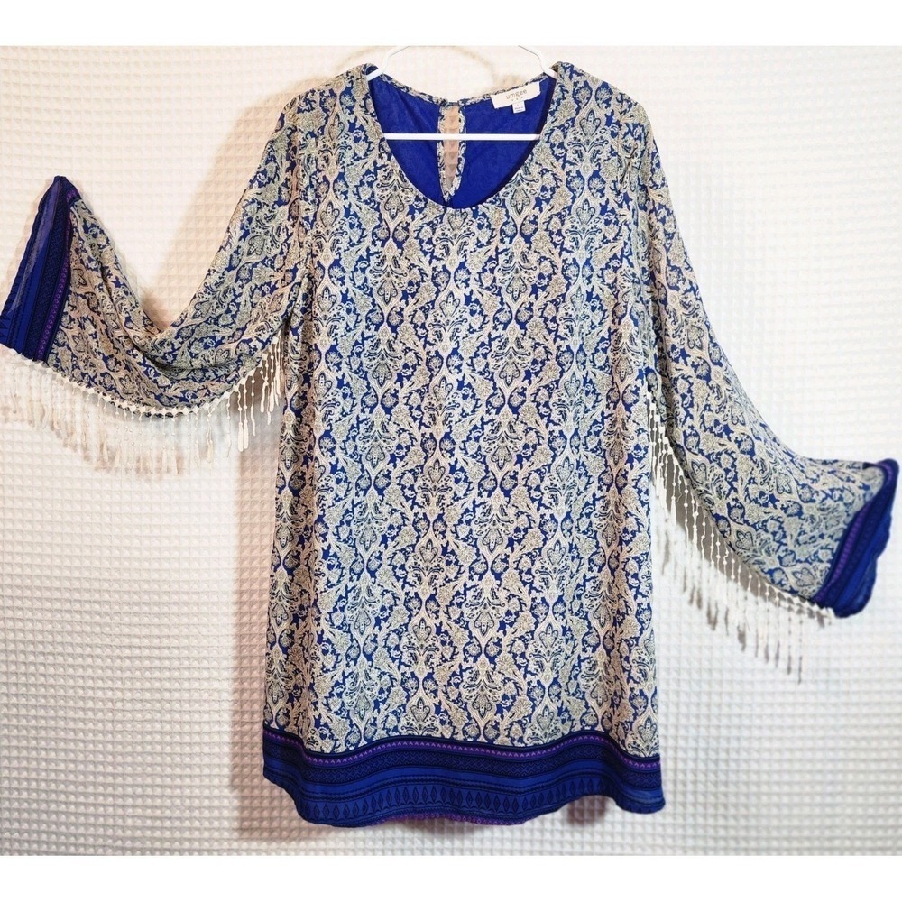 Umgee‎ Dress Summer Shift  Womens  Large Blue Fringed Sleeves Lined Boho Vibrant